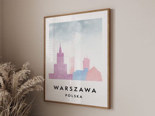 Plakat do salonu skylines Warszawa  stylu Watercolor/ Akwarelowym