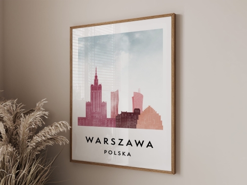 Plakat do salonu skylines Warszawa  stylu Watercolor/ Akwarelowym
