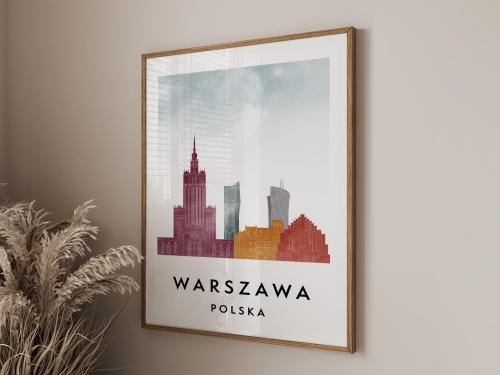 Plakat do salonu skylines Warszawa  stylu Watercolor/ Akwarelowym