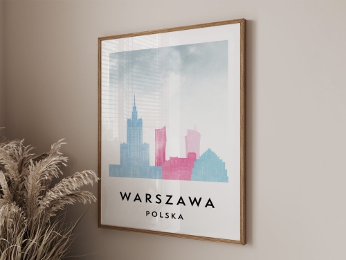 Plakat do salonu skylines Warszawa  stylu Watercolor/ Akwarelowym