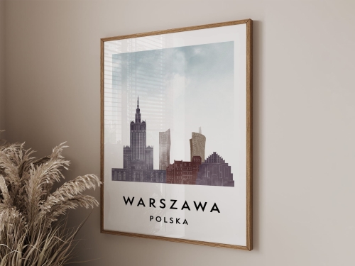 Plakat do salonu skylines Warszawa  stylu Watercolor/ Akwarelowym