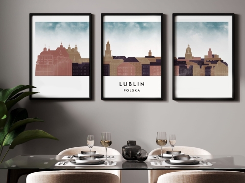 Plakat skylines TRYPTYK Lublin, zestaw 3 plakatów w stylu Watercolor/ Akwarelowym