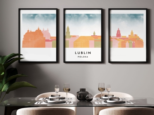 Plakat skylines TRYPTYK Lublin, zestaw 3 plakatów w stylu Watercolor/ Akwarelowym