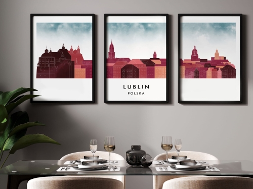 Plakat skylines TRYPTYK Lublin, zestaw 3 plakatów w stylu Watercolor/ Akwarelowym