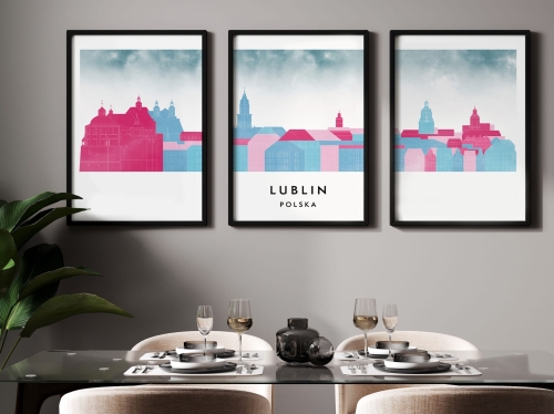 Plakat skylines TRYPTYK Lublin, zestaw 3 plakatów w stylu Watercolor/ Akwarelowym
