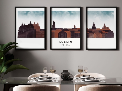 Plakat skylines TRYPTYK Lublin, zestaw 3 plakatów w stylu Watercolor/ Akwarelowym