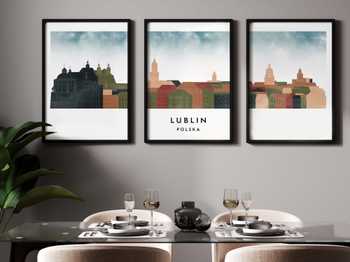 Plakat skylines TRYPTYK Lublin, zestaw 3 plakatów w stylu Watercolor/ Akwarelowym
