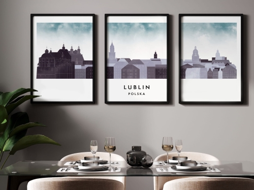 Plakat skylines TRYPTYK Lublin, zestaw 3 plakatów w stylu Watercolor/ Akwarelowym