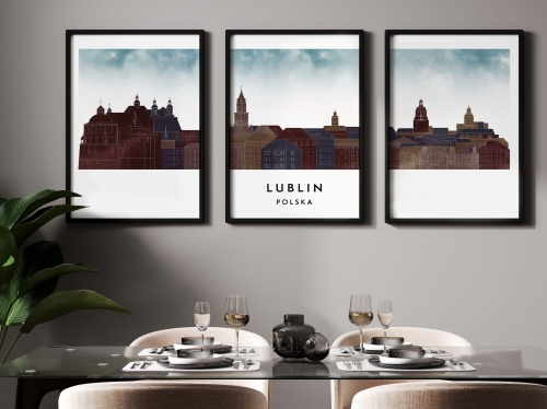 Plakat skylines TRYPTYK Lublin, zestaw 3 plakatów w stylu Watercolor/ Akwarelowym