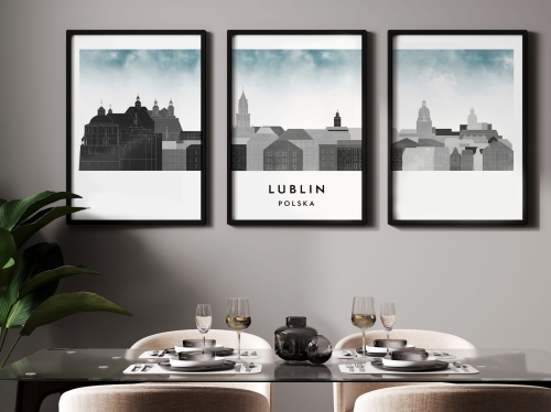 Plakat skylines TRYPTYK Lublin, zestaw 3 plakatów w stylu Watercolor/ Akwarelowym
