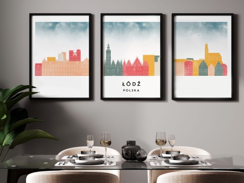 Plakat skylines TRYPTYK Łódź , zestaw 3 plakatów w stylu Watercolor/ Akwarelowym