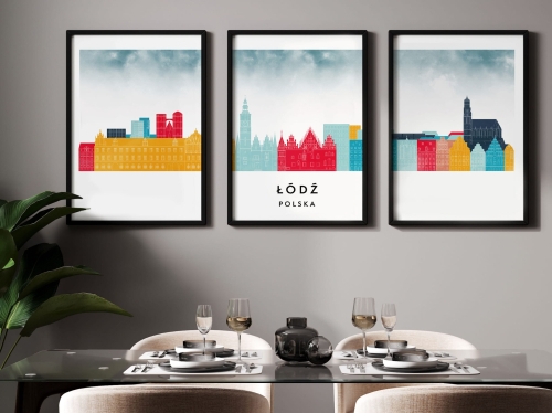 Plakat skylines TRYPTYK Łódź , zestaw 3 plakatów w stylu Watercolor/ Akwarelowym