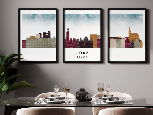 Plakat skylines TRYPTYK Łódź , zestaw 3 plakatów w stylu Watercolor/ Akwarelowym