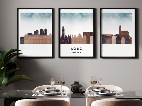 Plakat skylines TRYPTYK Łódź , zestaw 3 plakatów w stylu Watercolor/ Akwarelowym