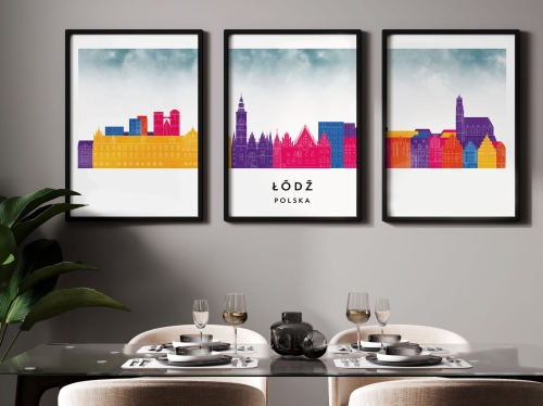 Plakat skylines TRYPTYK Łódź , zestaw 3 plakatów w stylu Watercolor/ Akwarelowym