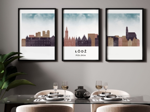 Plakat skylines TRYPTYK Łódź , zestaw 3 plakatów w stylu Watercolor/ Akwarelowym