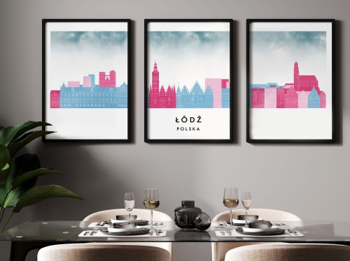 Plakat skylines TRYPTYK Łódź , zestaw 3 plakatów w stylu Watercolor/ Akwarelowym