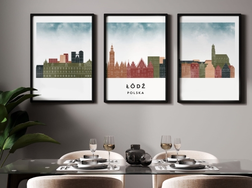 Plakat skylines TRYPTYK Łódź , zestaw 3 plakatów w stylu Watercolor/ Akwarelowym