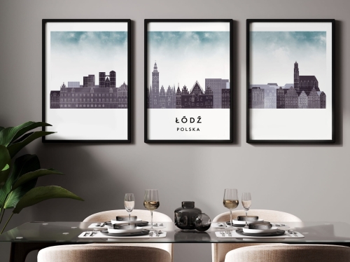 Plakat skylines TRYPTYK Łódź , zestaw 3 plakatów w stylu Watercolor/ Akwarelowym 