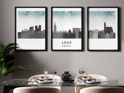 Plakat skylines TRYPTYK Łódź , zestaw 3 plakatów w stylu Watercolor/ Akwarelowym