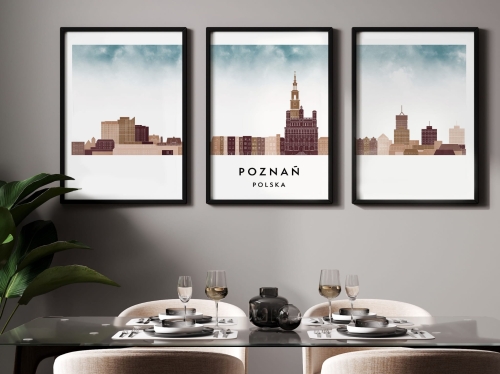 Plakat skylines TRYPTYK Poznań , zestaw 3 plakatów w stylu Watercolor/ Akwarelowym