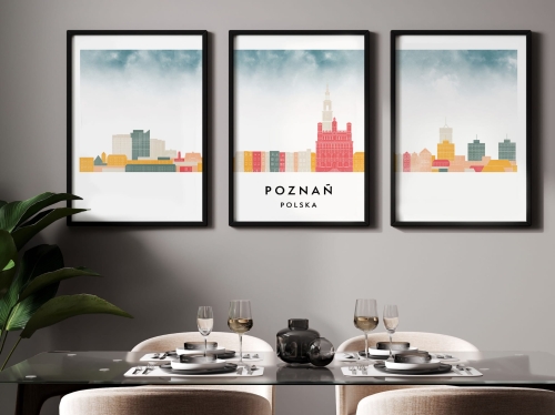 Plakat skylines TRYPTYK Poznań , zestaw 3 plakatów w stylu Watercolor/ Akwarelowym