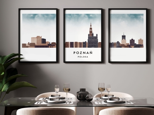 Plakat skylines TRYPTYK Poznań , zestaw 3 plakatów w stylu Watercolor/ Akwarelowym