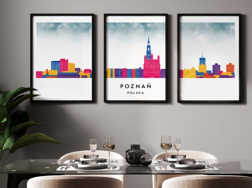 Plakat skylines TRYPTYK Poznań , zestaw 3 plakatów w stylu Watercolor/ Akwarelowym