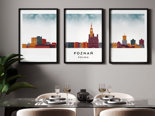 Plakat skylines TRYPTYK Poznań , zestaw 3 plakatów w stylu Watercolor/ Akwarelowym