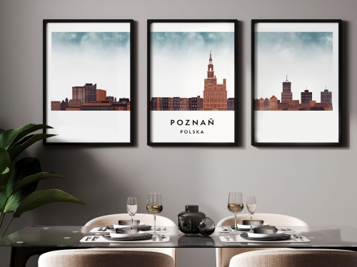 Plakat skylines TRYPTYK Poznań , zestaw 3 plakatów w stylu Watercolor/ Akwarelowym