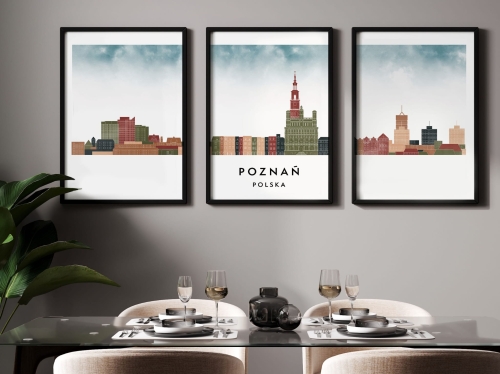 Plakat skylines TRYPTYK Poznań , zestaw 3 plakatów w stylu Watercolor/ Akwarelowym