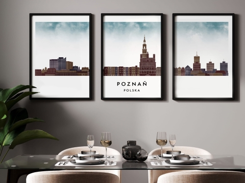 Plakat skylines TRYPTYK Poznań , zestaw 3 plakatów w stylu Watercolor/ Akwarelowym