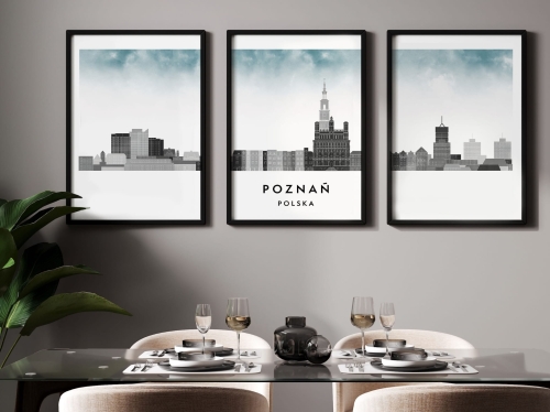 Plakat skylines TRYPTYK Poznań , zestaw 3 plakatów w stylu Watercolor/ Akwarelowym