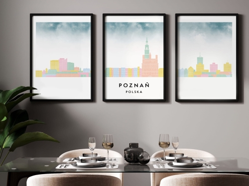 Plakat skylines TRYPTYK Poznań , zestaw 3 plakatów w stylu Watercolor/ Akwarelowym