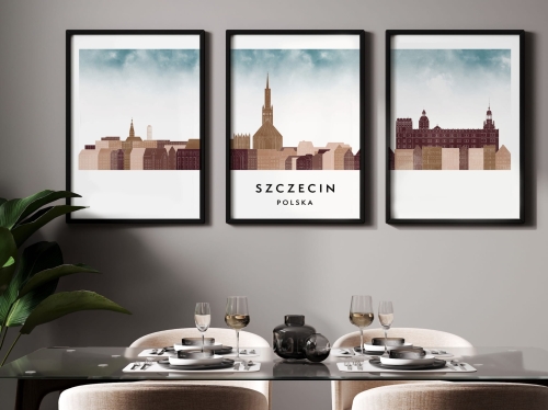 Plakat skylines TRYPTYK Szczecin, zestaw 3 plakatów w stylu Watercolor/ Akwarelowym