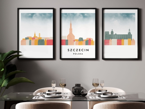 Plakat skylines TRYPTYK Szczecin, zestaw 3 plakatów w stylu Watercolor/ Akwarelowym