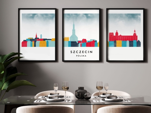 Plakat skylines TRYPTYK Szczecin, zestaw 3 plakatów w stylu Watercolor/ Akwarelowym