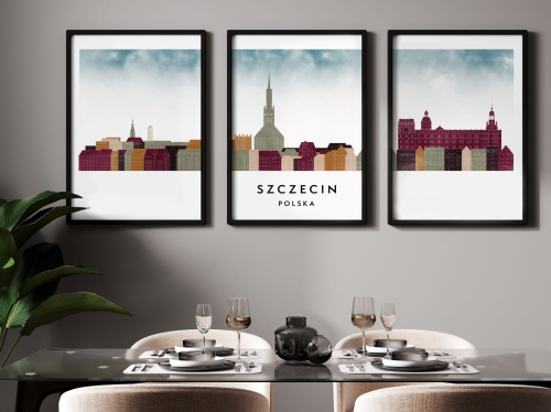 Plakat skylines TRYPTYK Szczecin, zestaw 3 plakatów w stylu Watercolor/ Akwarelowym