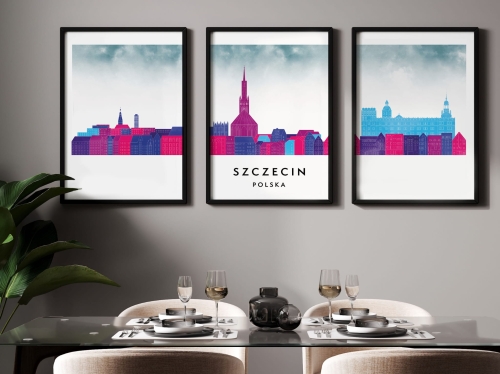 Plakat skylines TRYPTYK Szczecin, zestaw 3 plakatów w stylu Watercolor/ Akwarelowym