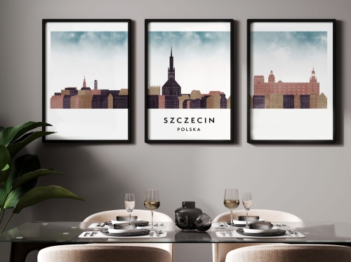 Plakat skylines TRYPTYK Szczecin, zestaw 3 plakatów w stylu Watercolor/ Akwarelowym