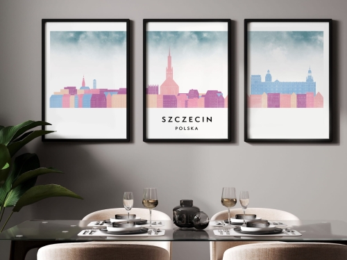 Plakat skylines TRYPTYK Szczecin, zestaw 3 plakatów w stylu Watercolor/ Akwarelowym