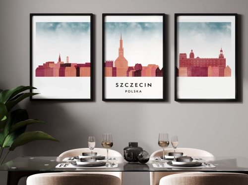 Plakat skylines TRYPTYK Szczecin, zestaw 3 plakatów w stylu Watercolor/ Akwarelowym