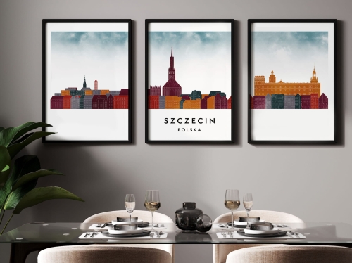 Plakat skylines TRYPTYK Szczecin, zestaw 3 plakatów w stylu Watercolor/ Akwarelowym