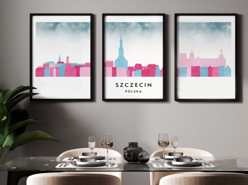 Plakat skylines TRYPTYK Szczecin, zestaw 3 plakatów w stylu Watercolor/ Akwarelowym