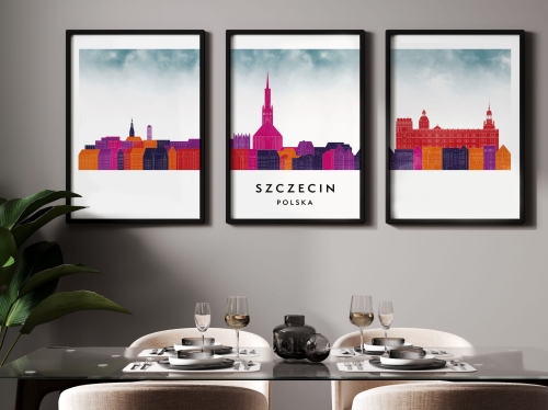 Plakat skylines TRYPTYK Szczecin, zestaw 3 plakatów w stylu Watercolor/ Akwarelowym 