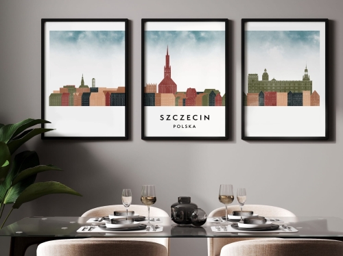 Plakat skylines TRYPTYK Szczecin, zestaw 3 plakatów w stylu Watercolor/ Akwarelowym