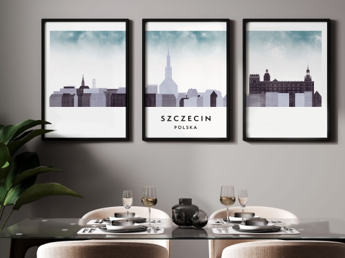 Plakat skylines TRYPTYK Szczecin, zestaw 3 plakatów w stylu Watercolor/ Akwarelowym
