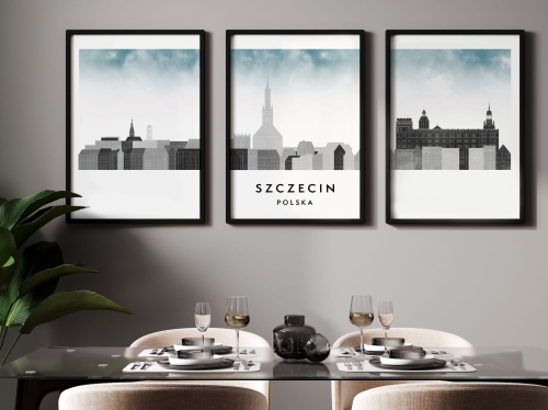 Plakat skylines TRYPTYK Szczecin, zestaw 3 plakatów w stylu Watercolor/ Akwarelowym