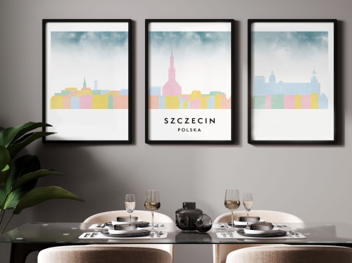 Plakat skylines TRYPTYK Szczecin, zestaw 3 plakatów w stylu Watercolor/ Akwarelowym
