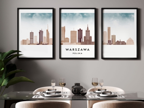 Plakat skylines TRYPTYK Warszawa, zestaw 3 plakatów w stylu Watercolor/ Akwarelowym